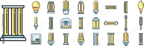 UV lamp icons set outline vector. Care clinic. Bulb cleaner thin line color flat on white