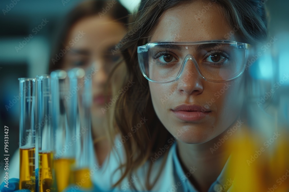 Close-up of a female scientist with safety goggles examining chemical samples in a laboratory, symbolizing meticulous work and analysis Close-up of a female scientist with safety goggles examining chemical samples in a laboratory, symbolizing meticulous work and analysis
