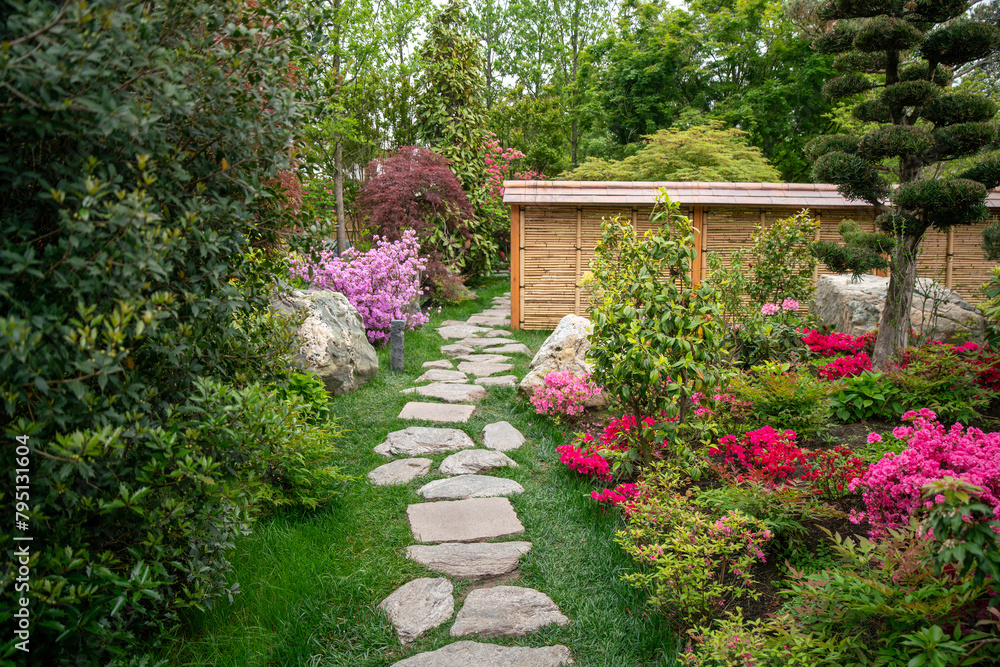 Garden path among rhododendron blossoms in Japanese garden (part of Galitsky park)