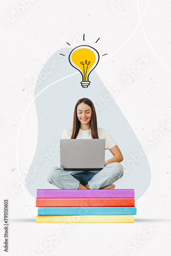 vertical collage of a girl sitting on a books with a laptop and a light bulb above her head