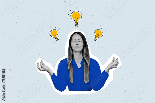 creative collage idea girl meditating with light bulbs above her head isolated over blue background