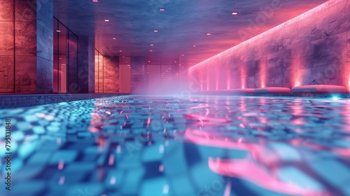 Spacious Indoor Swimming Pool With Blue and Pink Tiles