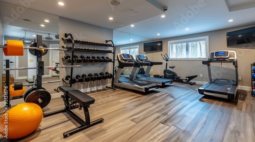 A renovated home gym with state-of-the-art exercise equipment and motivational decor photo