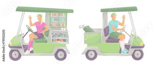golf buggy car and beverage golf cart with male and female caddy driver