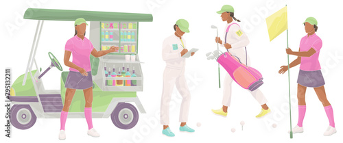 golf club staff part 2 female African American caddie, beverage cart, caddy girls with flag, golf bag, clubs, golf clash notebook