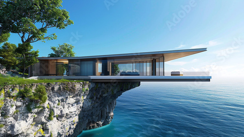 A modern house perched on the edge of a cliff, with floor-to-ceiling windows offering uninterrupted views of the ocean stretching out to the horizon. © Ateeq
