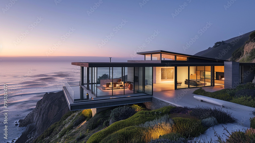 A modern house perched on the edge of a cliff, with floor-to-ceiling windows offering uninterrupted views of the ocean stretching out to the horizon.