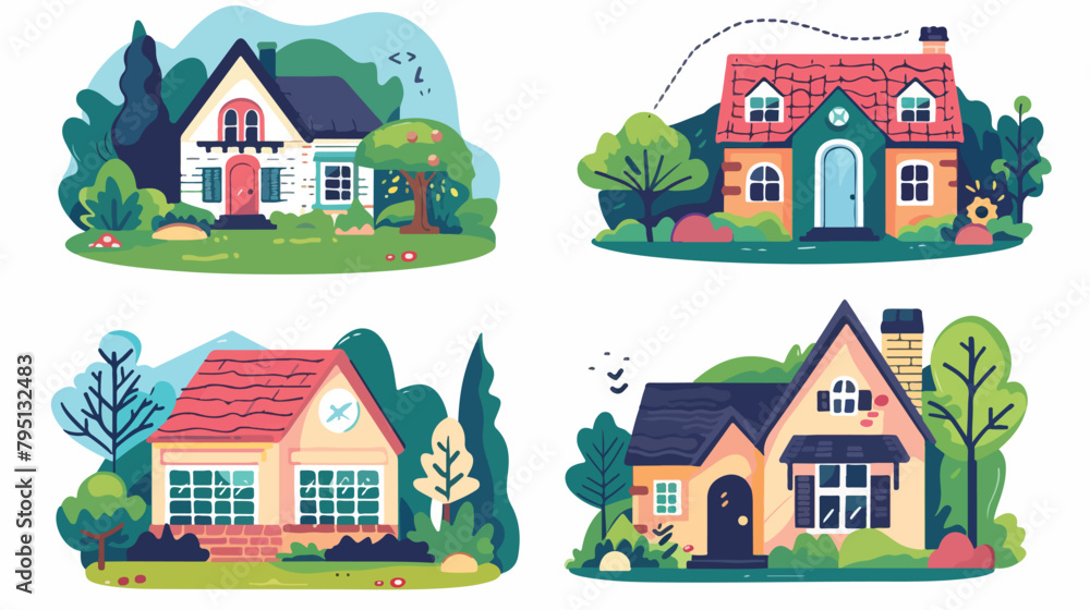 Set of 4 ute houses in flat style illustration