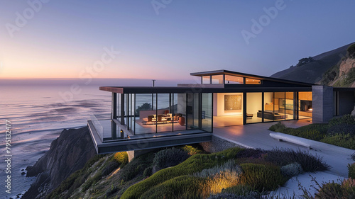 A modern house perched on the edge of a cliff, with floor-to-ceiling windows offering uninterrupted views of the ocean stretching out to the horizon. photo