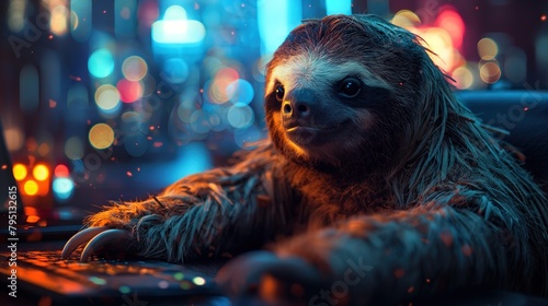 sloth slowly working at office at late night time with bokeh light , Generative Ai 
