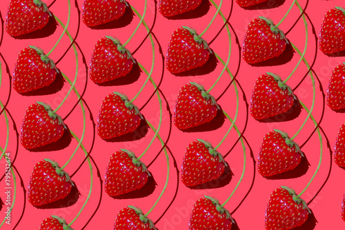 Strawberry pattern. Berry background. Red food. Harvest summer berries top view. Bright concept.