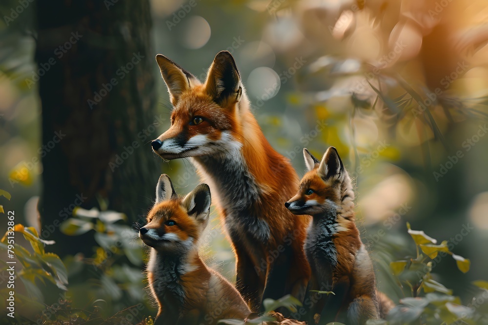 Obraz premium Fox and cubs. Blurred forest background.