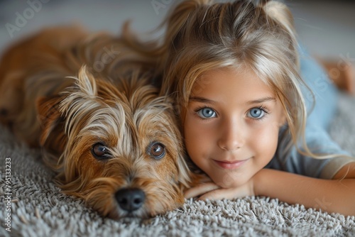 Intimate moment with a Yorkshire terrier snuggled next to a child on a soft carpet