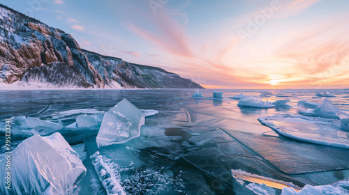 Transparent ice floes on Baikal lake at sunset. Winter