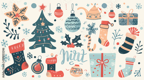 Set of Christmas elements with text. Cute illustration
