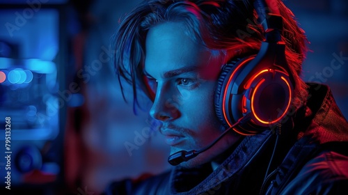 Man Listening to Headphones in Dark Room