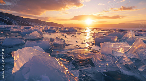 Transparent ice floes on Baikal lake at sunset. Winter photo