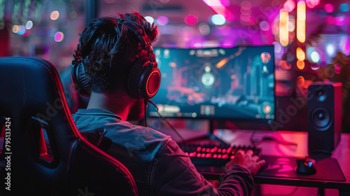 Person Wearing Headphones Sitting in Front of Computer