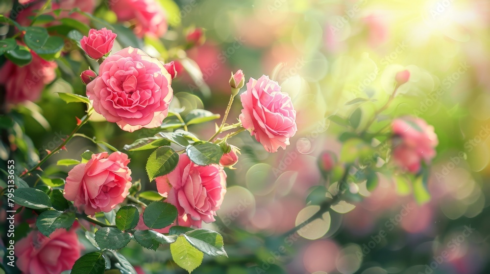 Pink roses bloom on bush Pink roses bloom on bush