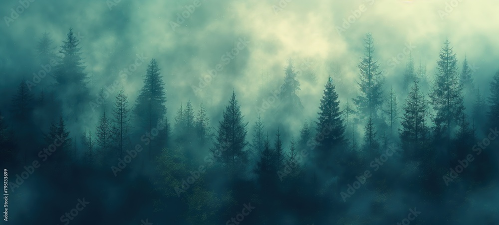 gorgeous aerial view of conifer forest with fog drifting around at morning time with sunrise light, Generative Ai	
