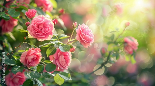 Pink roses bloom on bush