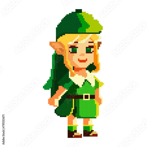 Pixel art of a forest elf girl.  Character for forest fairy tale theme in pixel style. Isolated on a white background. Vector