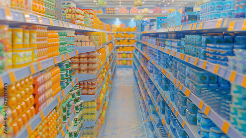 Grocery store aisle, perfectly stacked shelves, variety of fresh foods, consumer choice - (3)