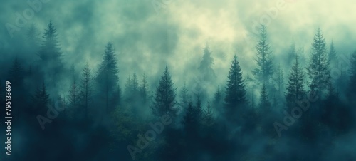 gorgeous aerial view of conifer forest with fog drifting around at morning time with sunrise light, Generative Ai	
 photo