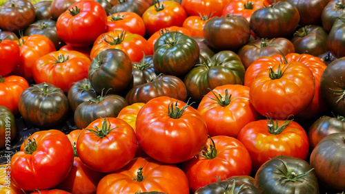 Close up of a display of fresh, ripe tomatoes of different colours; display of shiny, fresh red and dark green tomatoes.