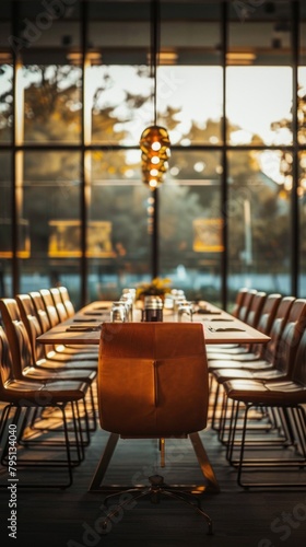 A long table with many chairs and a brown chair in the middle