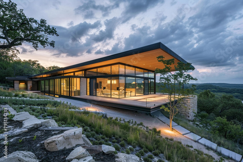 A modern house with a flat roof and floor-to-ceiling windows overlooking a scenic landscape.