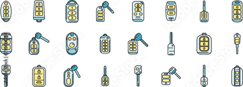 Smart car key icons set outline vector. Driver mobile. Smart alarm thin line color flat on white