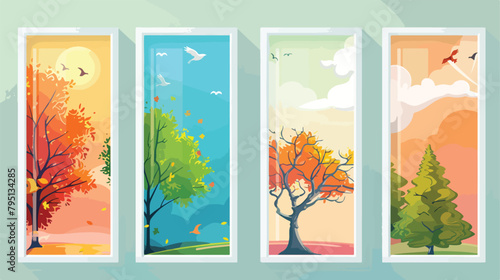 Set of different windows with a view on a tree 