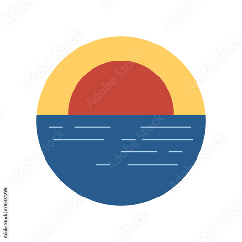 Retro sunset over the sea Beach, sunset and sea. Vintage style summer logo or badge design isolated on white background. Vector Illustration.