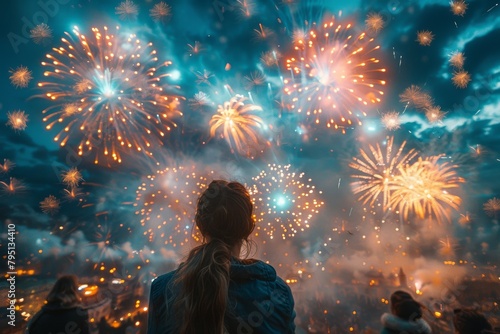 A person is seen from behind watching a spectacular fireworks display light up the night sky
