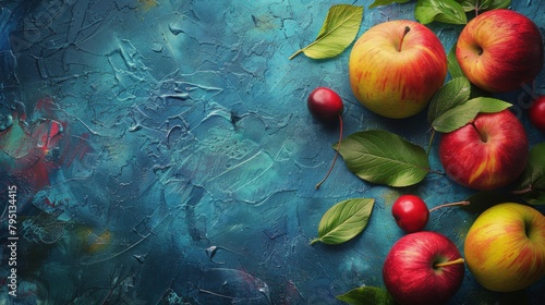Apples and Leaves on Blue Background