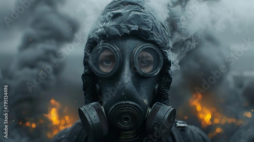 A man wearing a gas mask stood in the middle. Toxic smoke floats