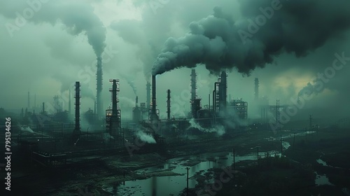 A dark, dystopian factory is surrounded by toxic smoke and pollution.