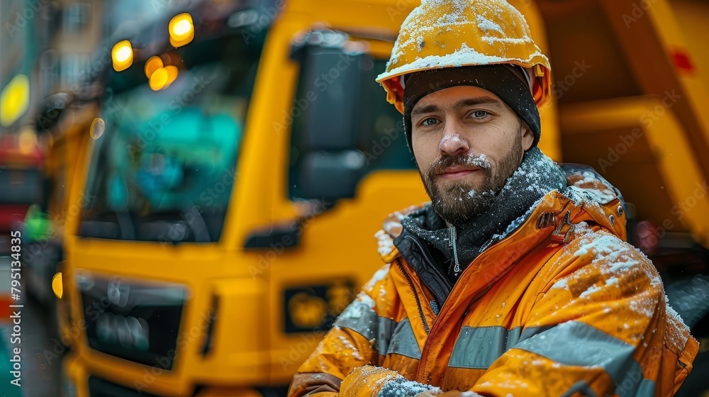 Obraz premium A man in a hard hat and reflective vest stands in front of a snow plow.