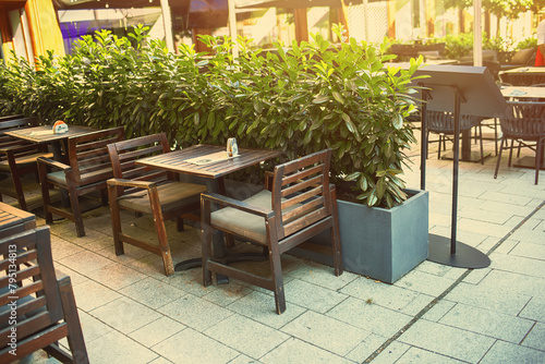 Restaurant outdoor terrace in city centre.Summer season