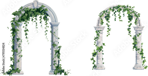 Ivy arches. Historic gardens arc with marble pillar, wedding gate old castle entrance, arch with vines green creeper portal photo