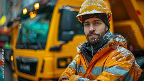 A man in a hard hat and reflective vest stands in front of a snow plow.