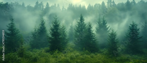  gorgeous aerial view of conifer forest with fog drifting around at morning time with sunrise light, Generative Ai