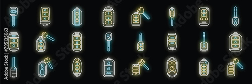 Smart car key icons set outline vector. Driver mobile. Smart alarm neon color on black