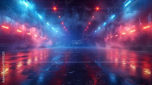 An empty basketball court with red and blue lights.