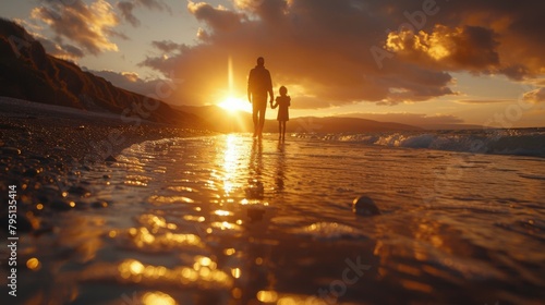 Man and Woman Walking on Beach at Sunset
