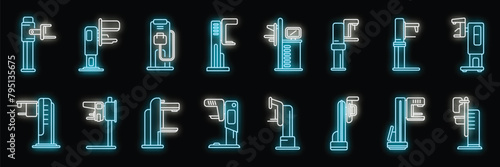 Mammography machine icons set outline vector. Analyzing breast. Cancer care neon color on black