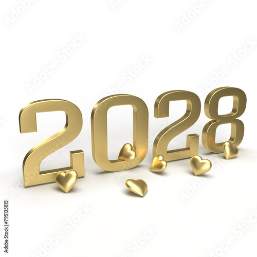 Gold new year 2028 with hearts around it.