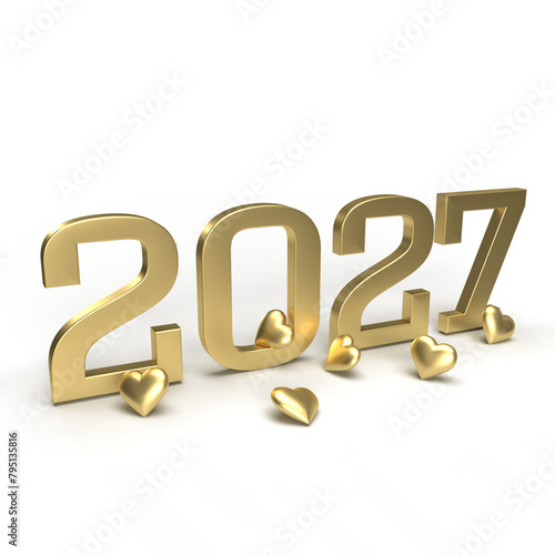 Gold new year 2027 with hearts around it.
