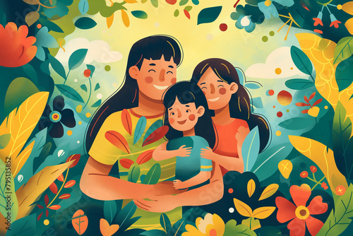 Happy family in the garden. Mother, father, daughter and son. illustration. Global Day of Parents 1 June.